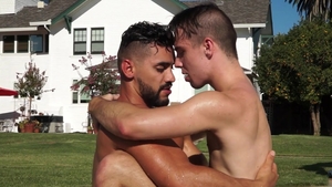 Falcon Studios - Brad Payton in speedos swallow outdoors